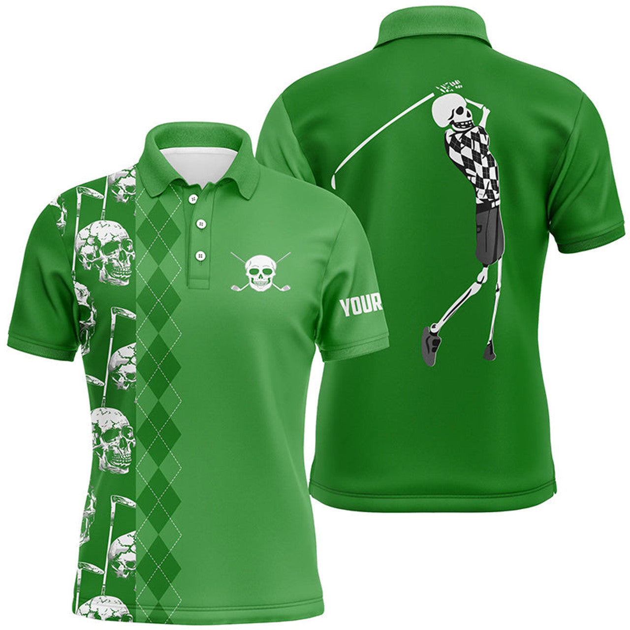 Custom Green skull argyle pattern custom Mens golf polo shirts, best men's golf wear