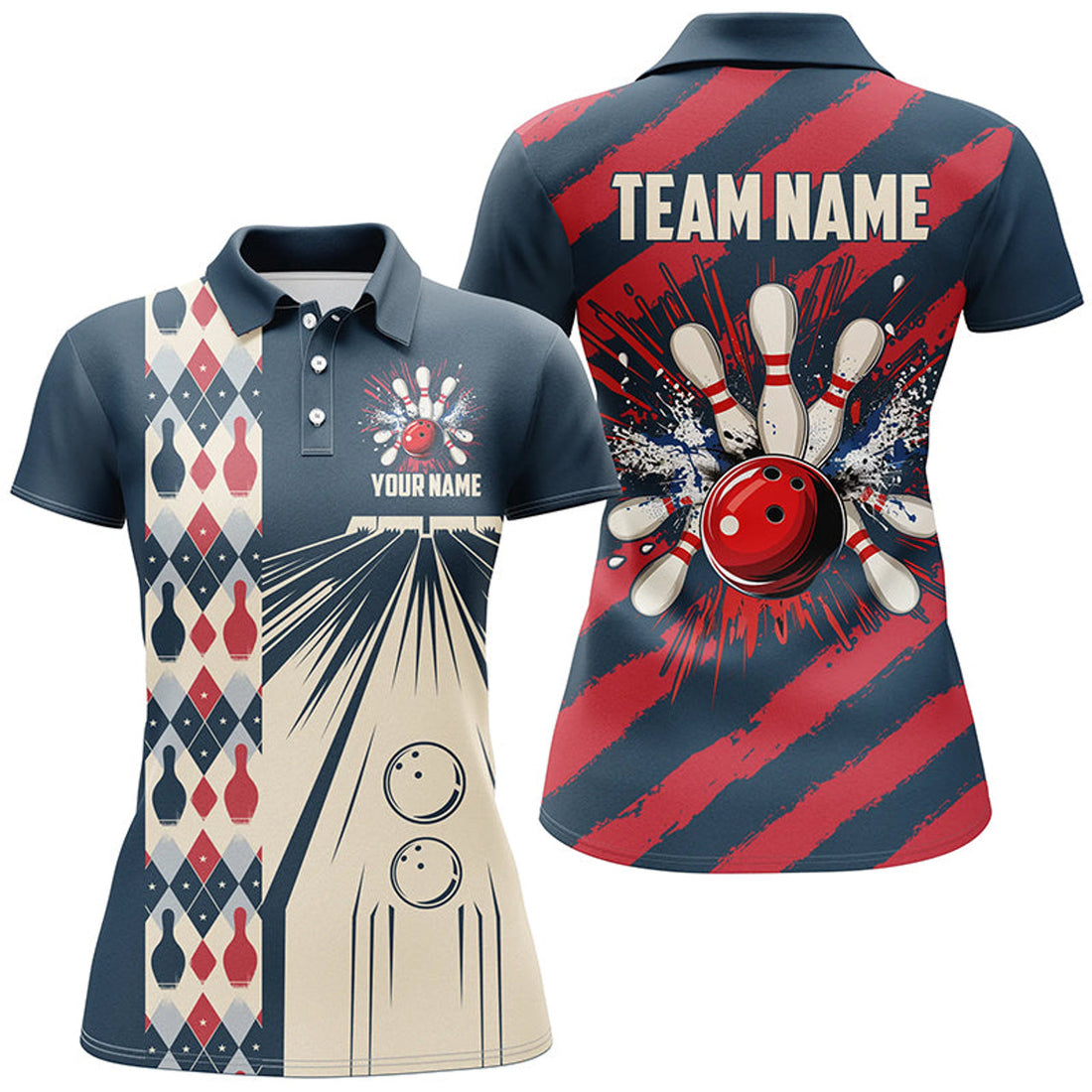 Custom Personalized Red, White And Blue Retro Bowling Polo For Women, Bowling Team Jersey