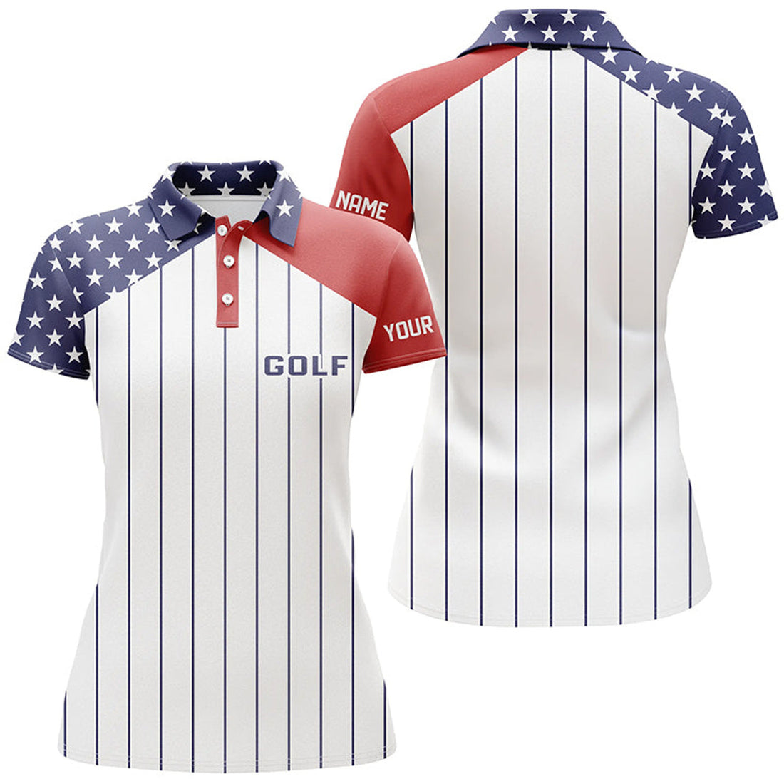 Custom Women Golf Polo Shirt Custom Red, White And Blue American Flag Patriotic Stripes Golf Attire For Women