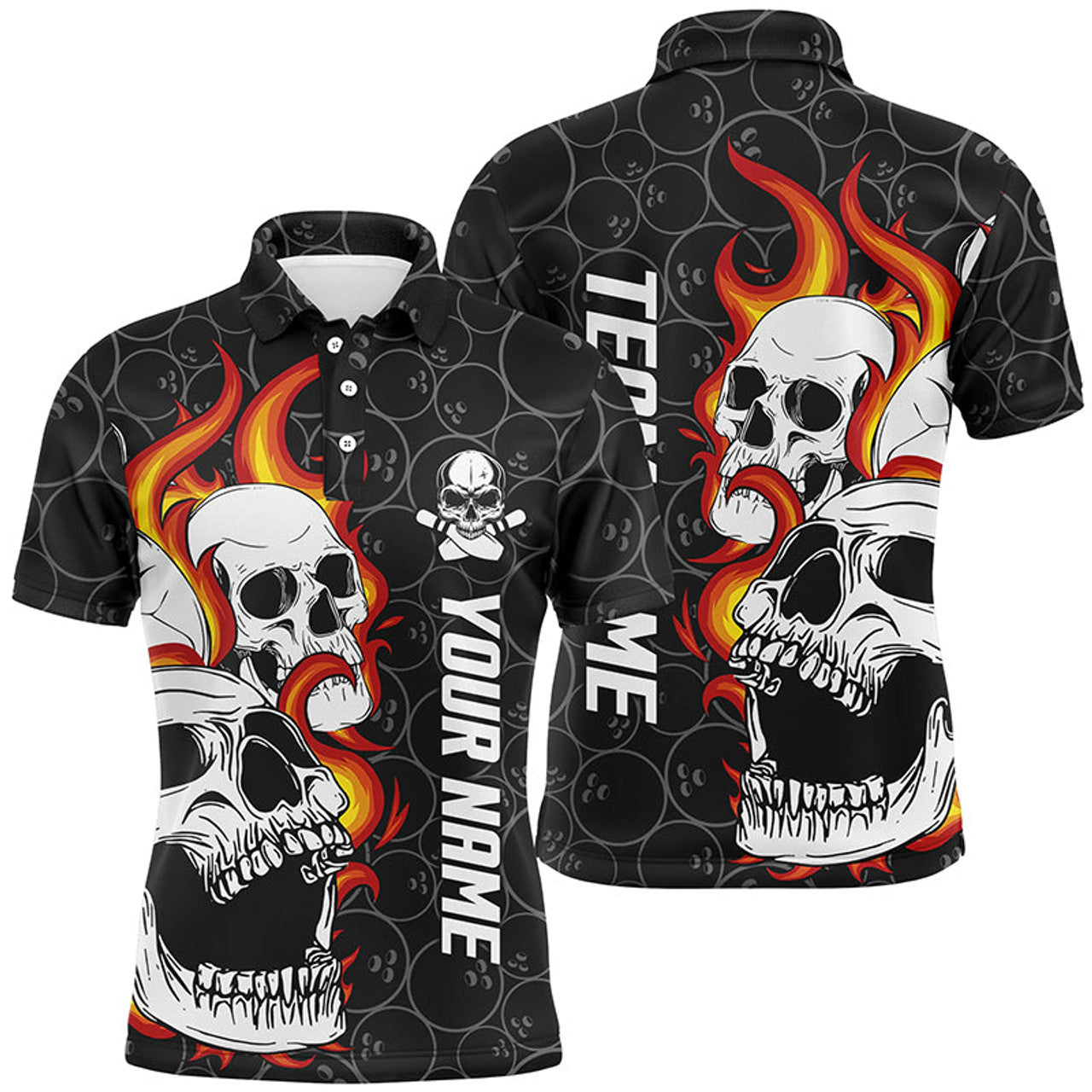 FUNSTUFFPRINT Black camo Bowling polo shirts for men custom flame skull Bowling team league Polo Shirt Size S-5XL