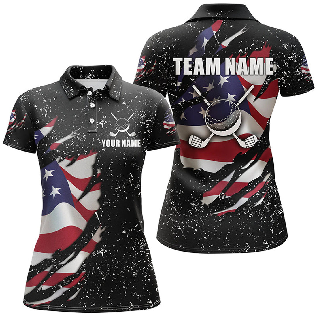 Custom American flag black grunge pattern golf clubs Womens golf polo shirts custom ladies golf tops