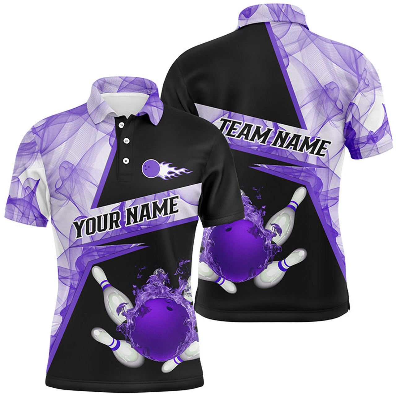 FUNSTUFFPRINT Bowling flame purple smoke pattern Custom black Mens Polo Shirt Size S-5XL