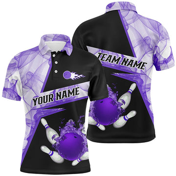FUNSTUFFPRINT Bowling flame purple smoke pattern Custom black Mens Polo Shirt Size S-5XL