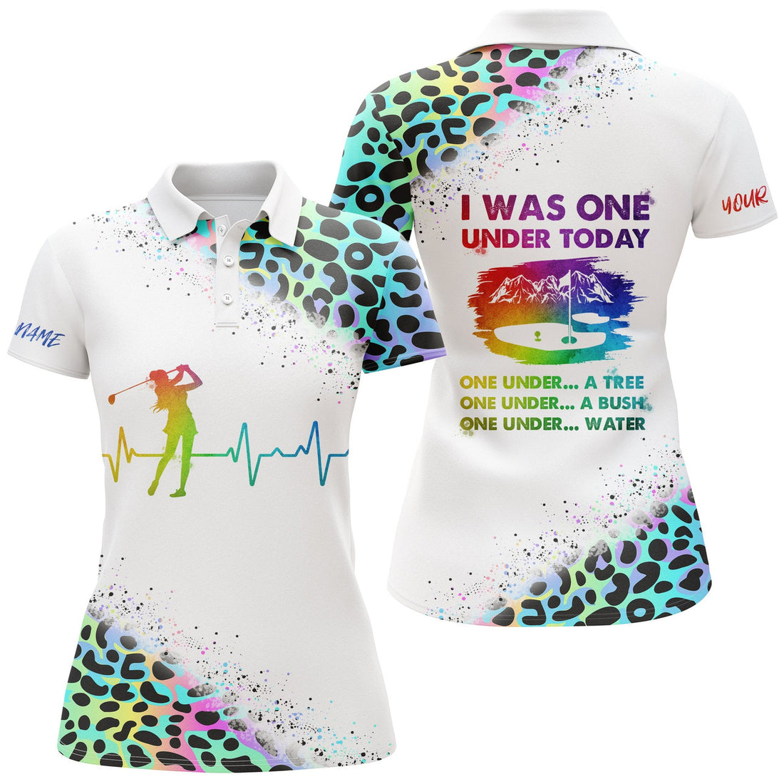 Funny Golf shirts for women I was one under today custom name neon leopard white women polo shirts