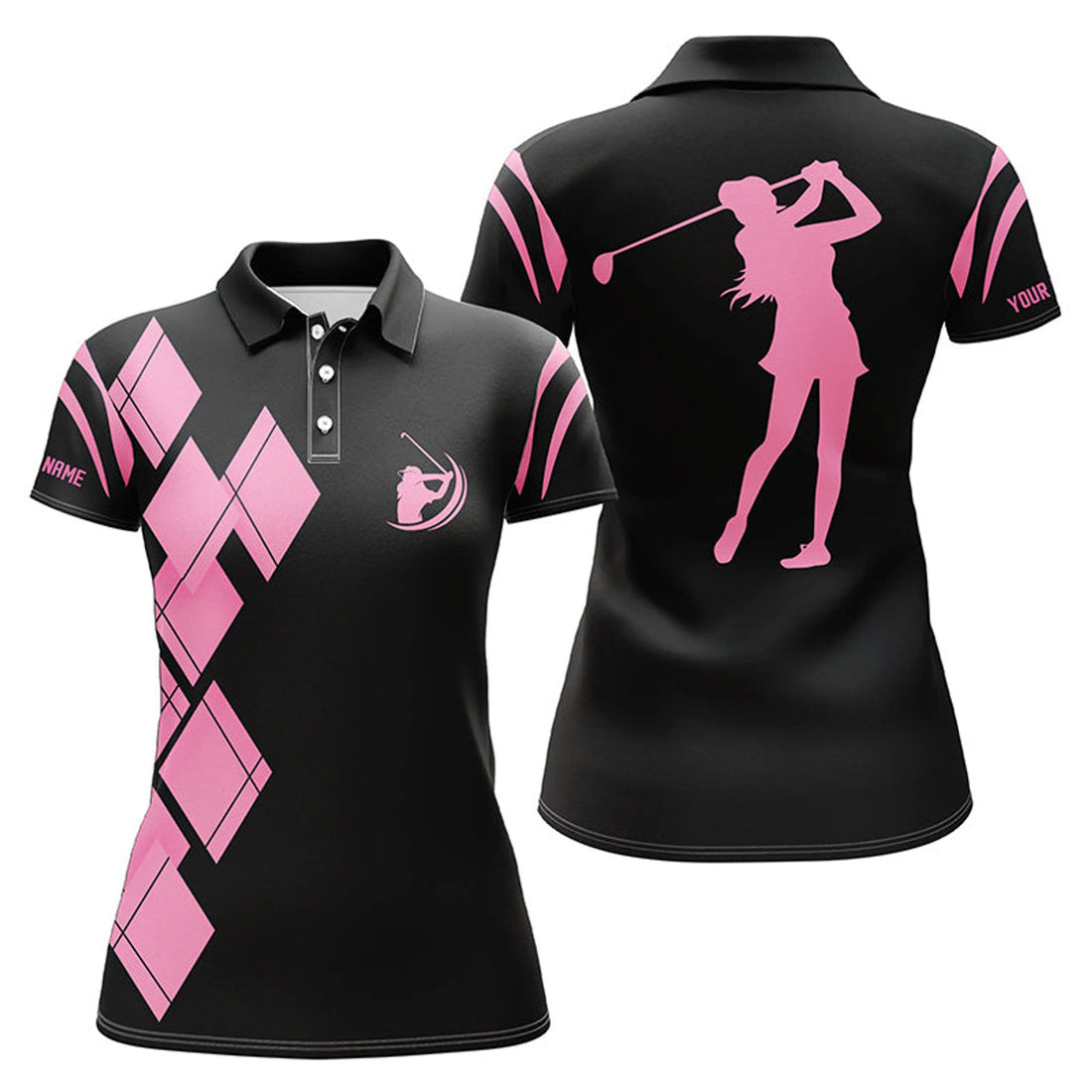 Custom Black And Pink Argyle Pattern Women Golf Polo Shirts Custom Ladies Golf Shirt For Women