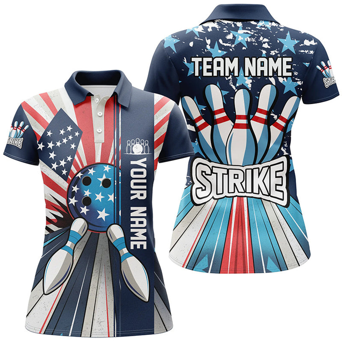 Custom Personalized American Flag Retro Bowling Women Polo, Patriotic Bowling Team Jersey