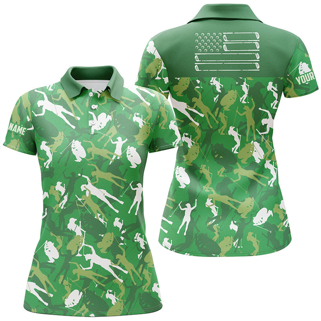 Custom Women Golf Polo Shirts Custom Green Camo American Flag Cool Ladies Golf Shirt