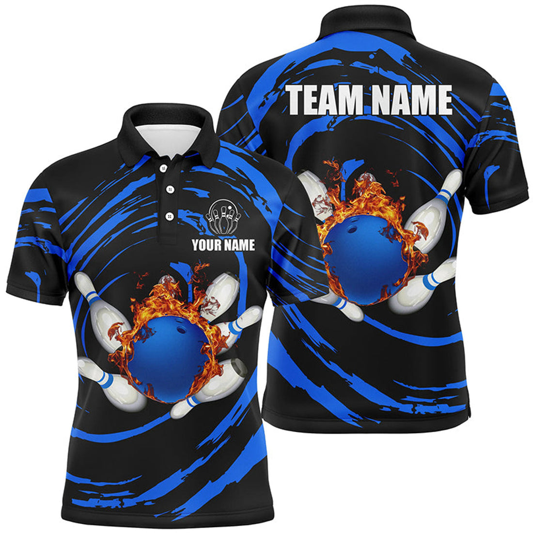 Custom Blue Flame Bowling Ball And Pins Mens Bowling Polo Shirts Custom Team Bowling Jerseys For Men