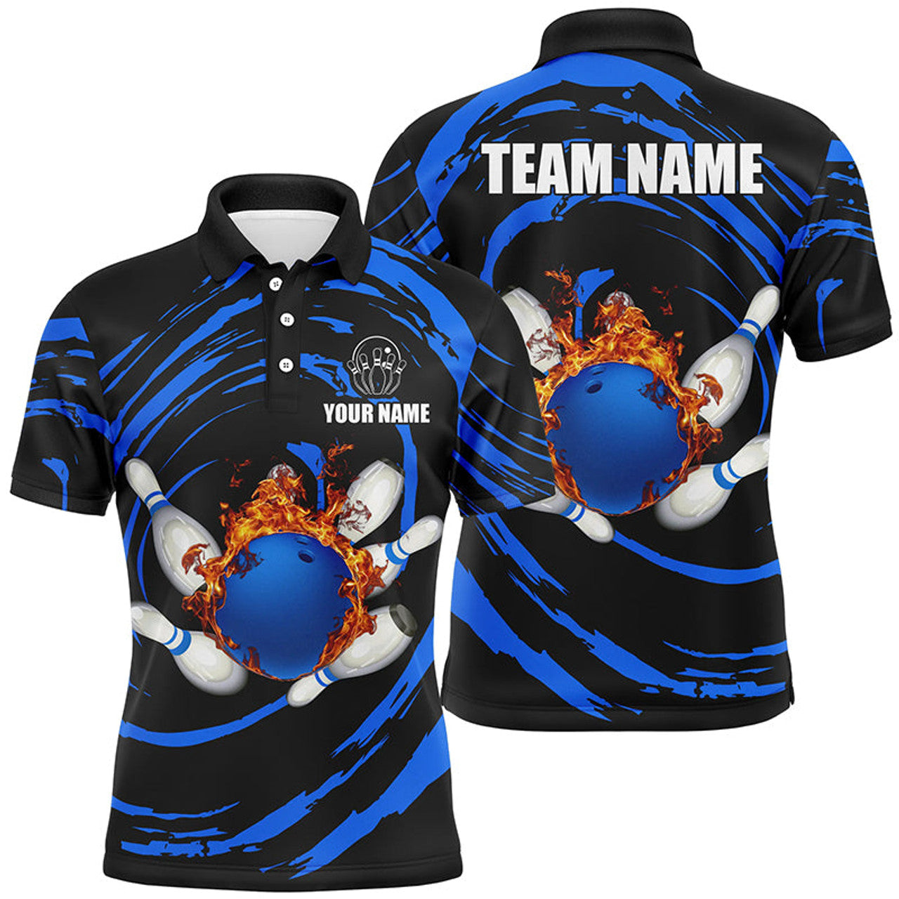 Custom Blue Flame Bowling Ball And Pins Mens Bowling Polo Shirts Custom Team Bowling Jerseys For Men