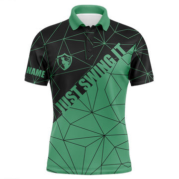 FUNSTUFFPRINT Mens golf polos shirts Just swing it custom name green geometric pattern golf shirts for men Polo Shirt Size S-5XL