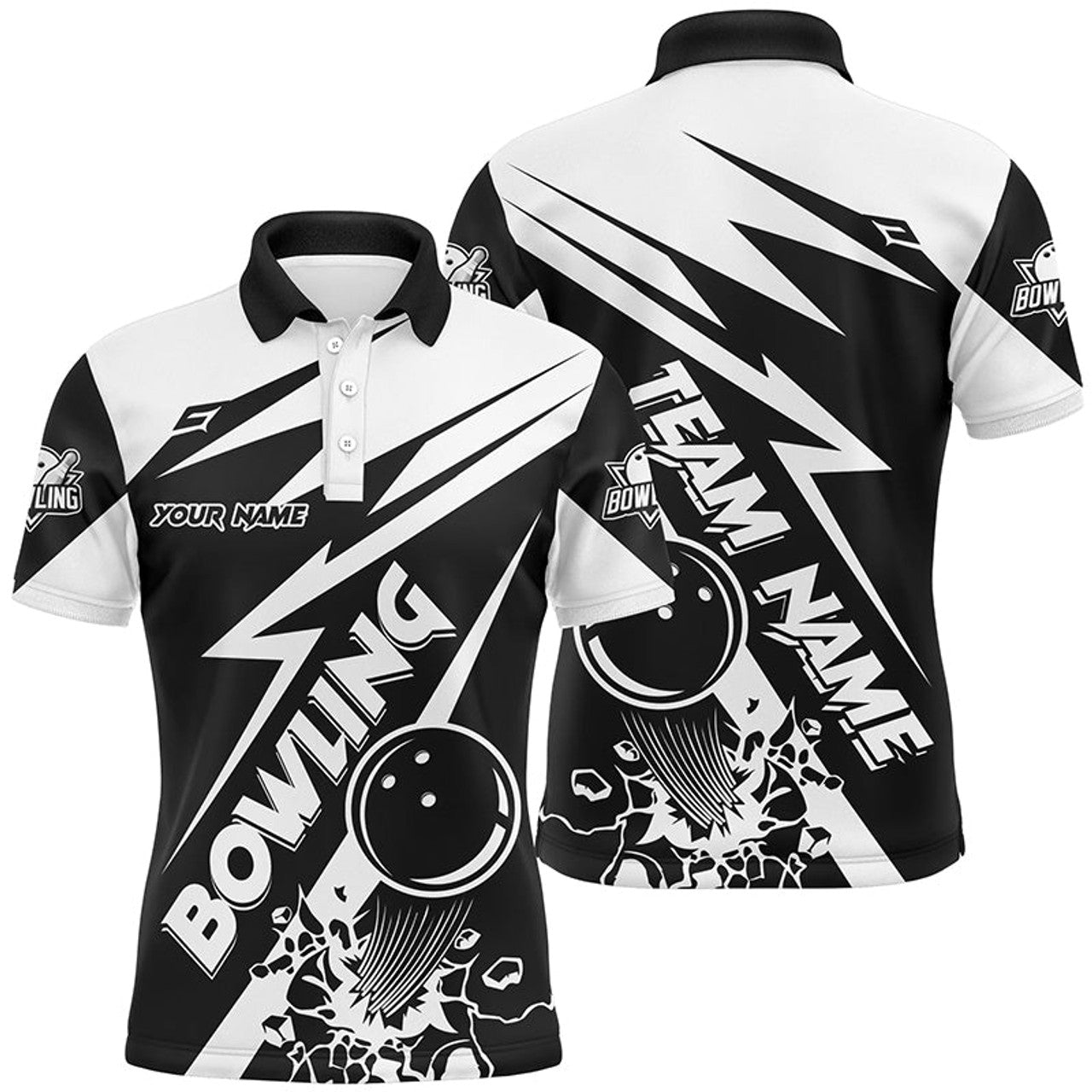 FUNSTUFFPRINT Black and white bowling Polo Shirt Size S-5XL