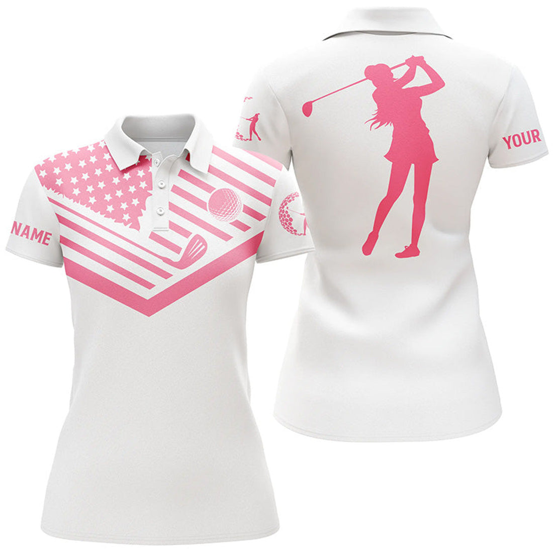 Custom Womens Golf Polo Shirt Pink American Flag Custom Name White Golf Shirt