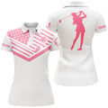 Custom Womens Golf Polo Shirt Pink American Flag Custom Name White Golf Shirt