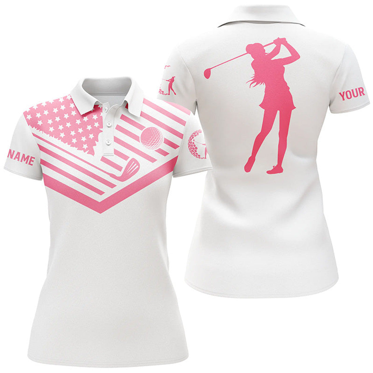 Custom Womens Golf Polo Shirt Pink American Flag Custom Name White Golf Shirt