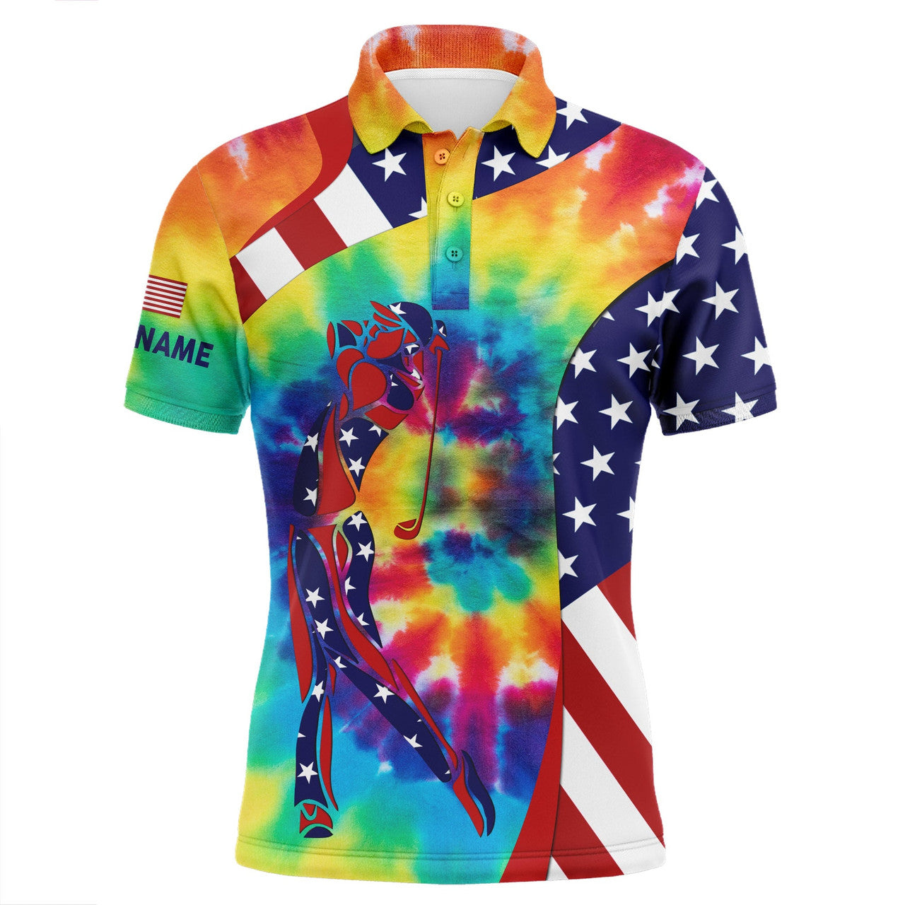 FUNSTUFFPRINT Personalized American flag patriot golf tie dye mens golf Polo Shirt Size S-5XL