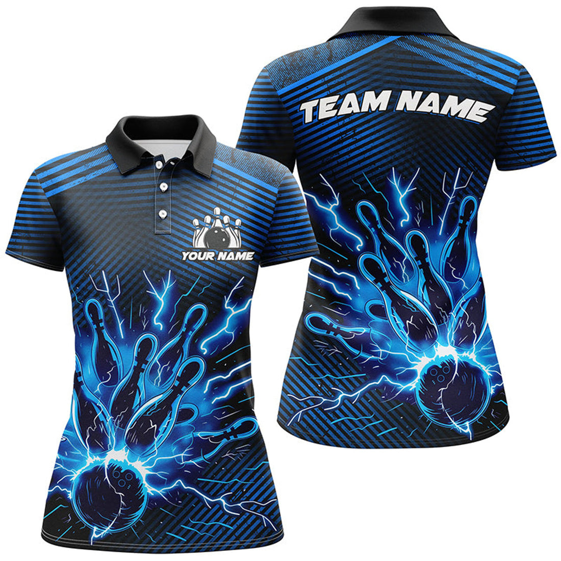 Custom Blue lightning thunder bowling Polo for women Custom Bowling Team League Jerseys