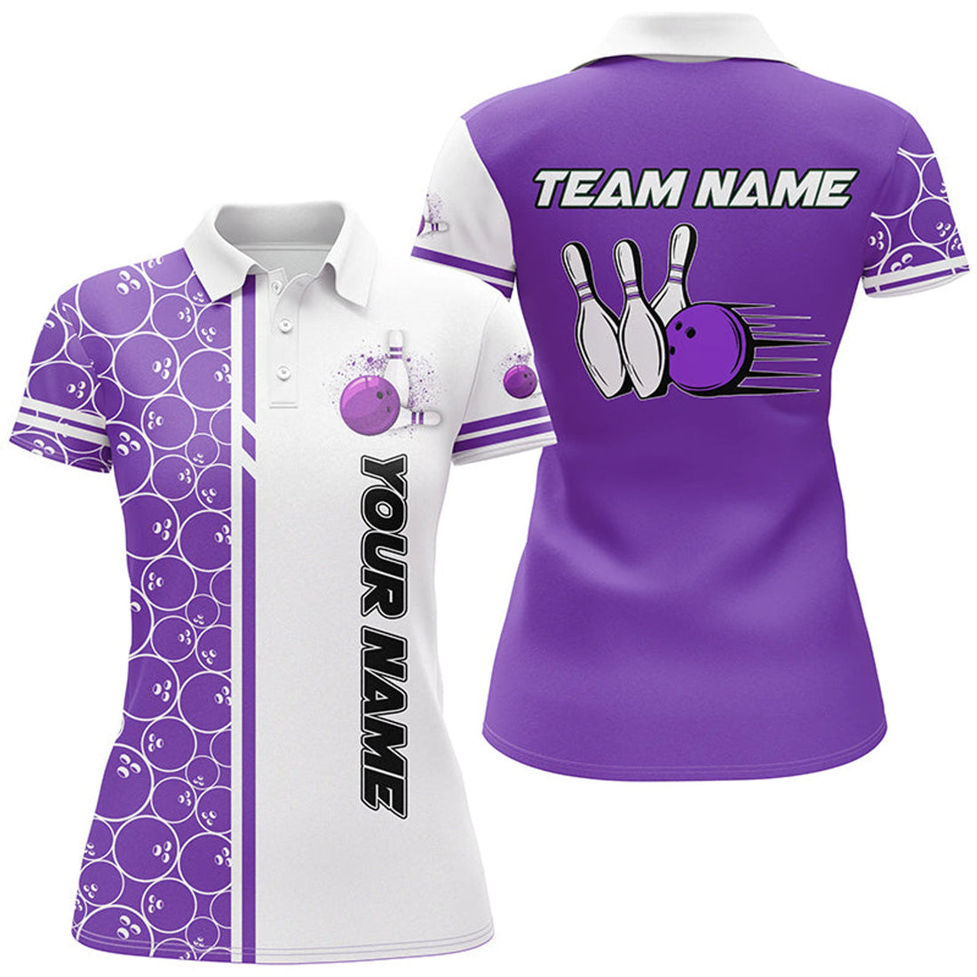 Custom Women Bowling Polo, Shirt Custom White And Purple Camo Vintage Ladies Bowling Jerseys