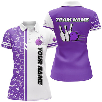 Custom Women Bowling Polo, Shirt Custom White And Purple Camo Vintage Ladies Bowling Jerseys