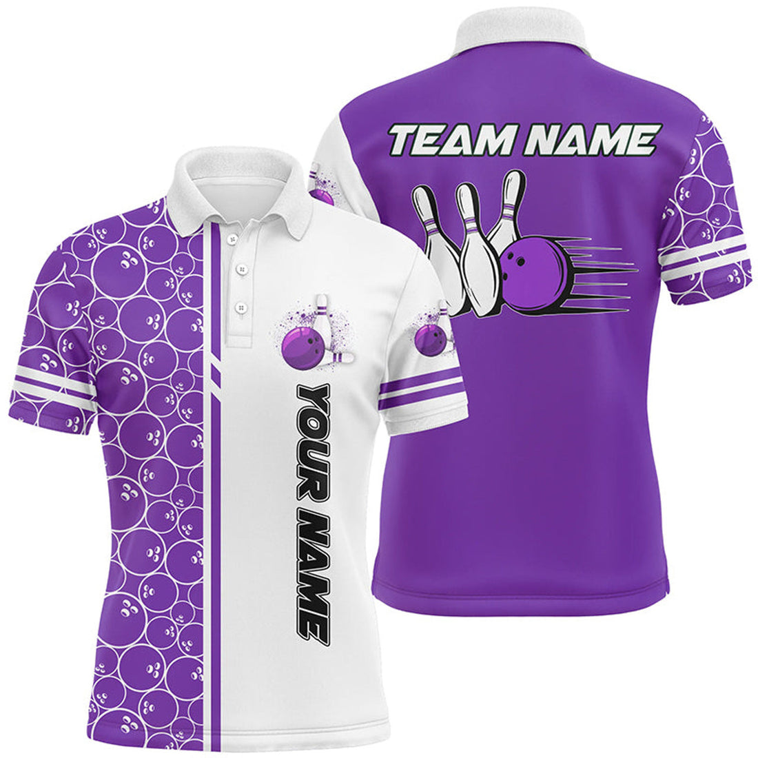 Custom Men Bowling Polo Custom White & Purple Camo Vintage Bowling Shirts, Mens Bowling Jersey