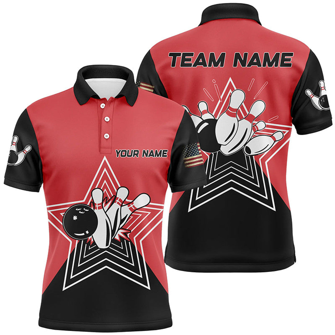 FUNSTUFFPRINT Red and Black retro bowling ball pins star custom Mens Polo Shirt Size S-5XL