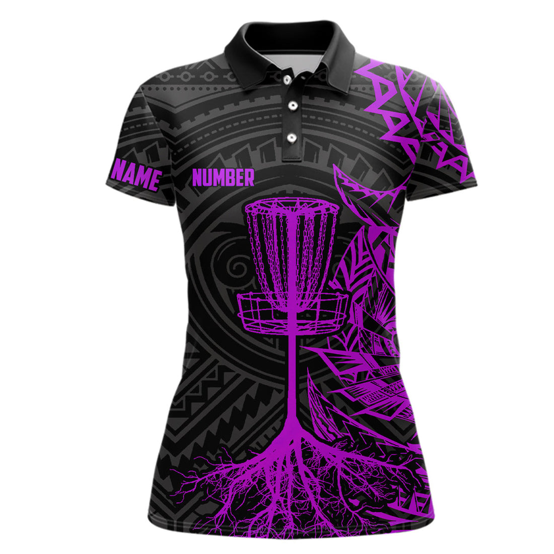 Custom Purple Tribal Womens Disc Golf Polo Shirt Custom Black Disc Golf Basket Jerseys Team Ladies Disc Golf
