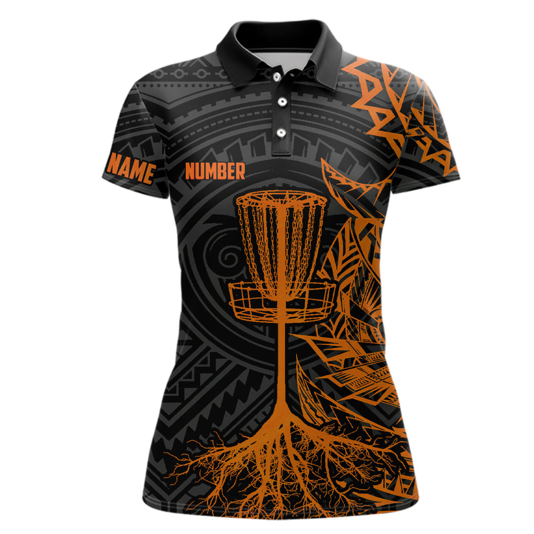 Custom Orange Tribal Womens Disc Golf Polo Shirt Custom Black Disc Golf Basket Jerseys Team Ladies Disc Golf
