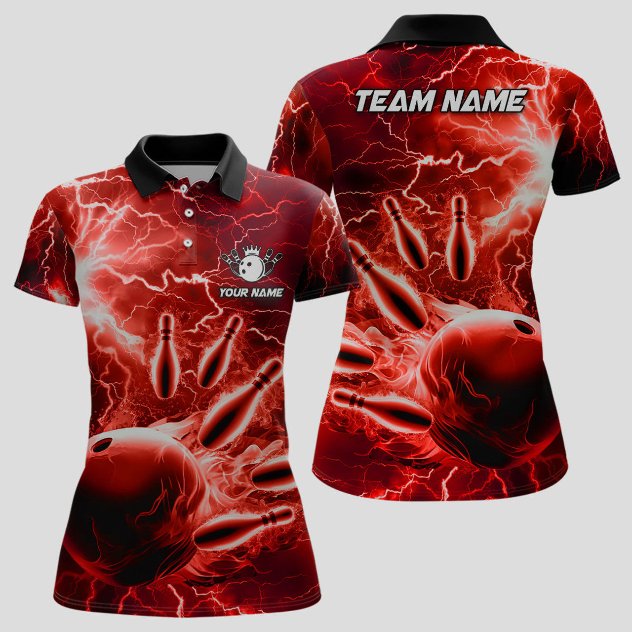 Custom Womens Polo Bowling Shirts Custom Red Lightning Thunder Bowling Team Jersey, Gift For Team Bowlers