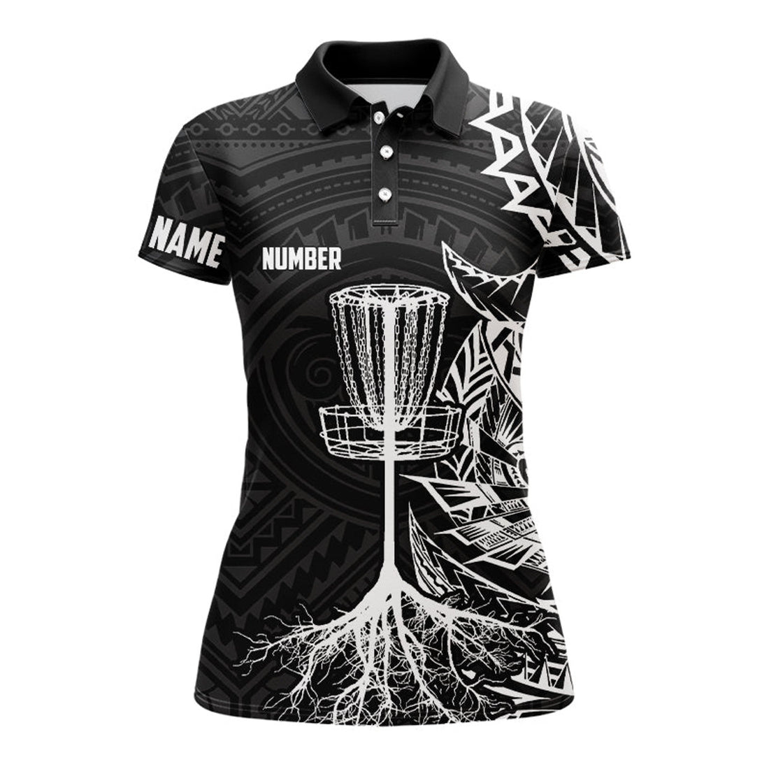 Custom White Tribal Womens Disc Golf Polo Shirt Custom Black Disc Golf Basket Jerseys Team Ladies Disc Golf
