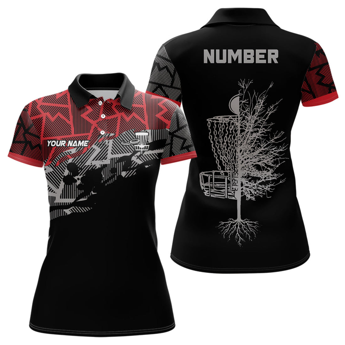 Custom Red Camo Abstract Pattern Black Womens Disc Golf Polo Shirt Custom Disc Golf Clothing