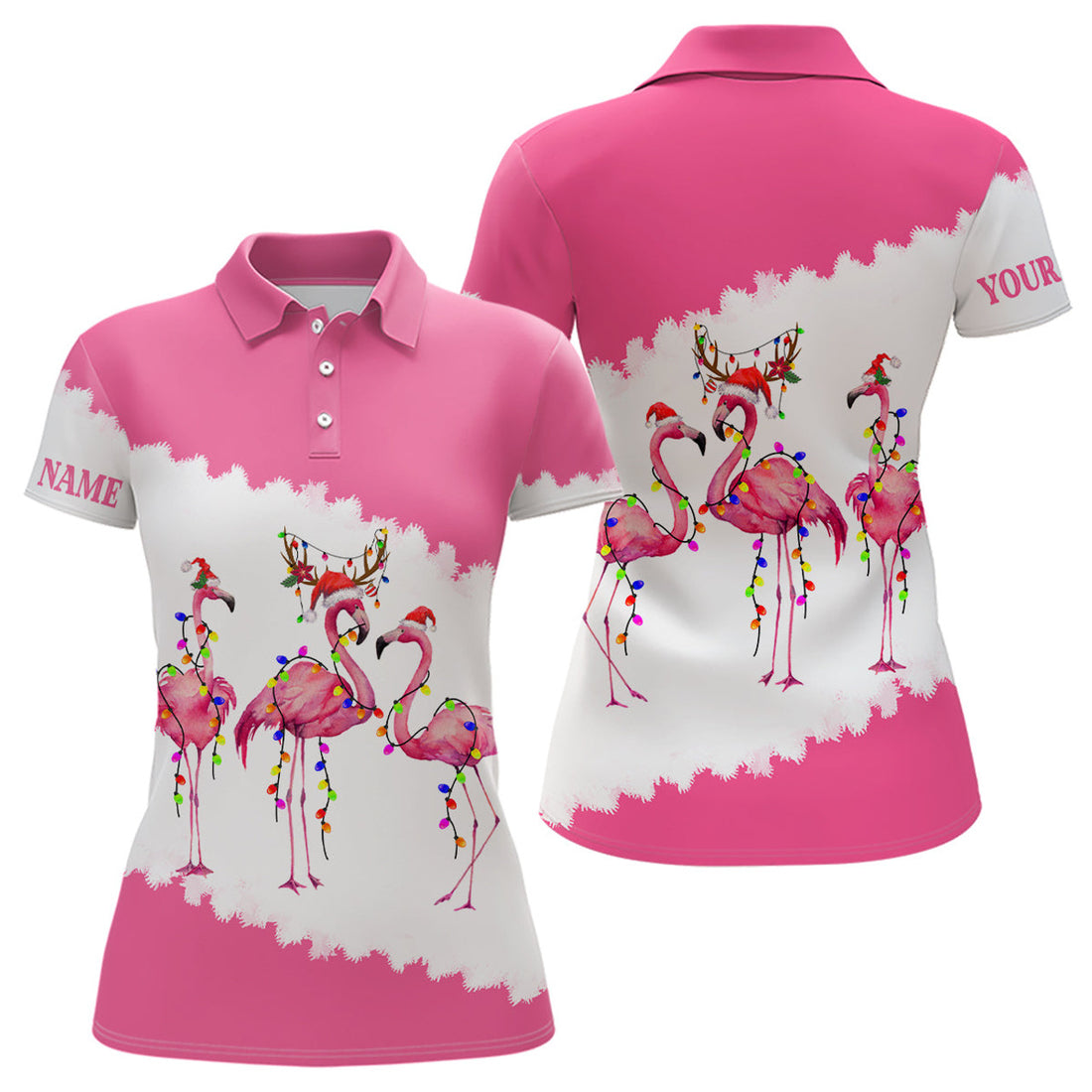Custom Funny Pink Womens Christmas Golf Polo Shirt Custom Flamingo Golf Friend Christmas Polo Shirts