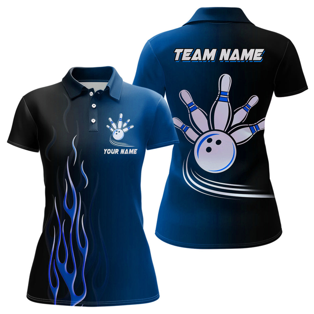 Custom Gradient Black Blue Bowling League Jerseys Custom Women Bowling Polo Shirts, Gifts For Bowling Team