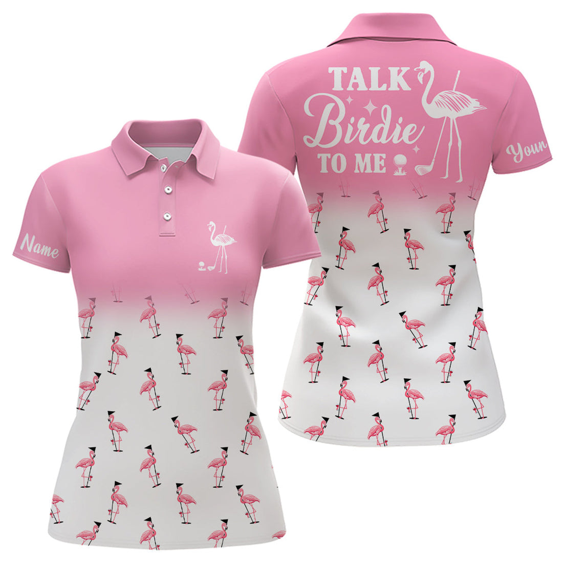 Custom Funny Womens Golf Polo Shirt Custom Light Pink And White Flamingo Golf Shirts Talk Birdie To Me