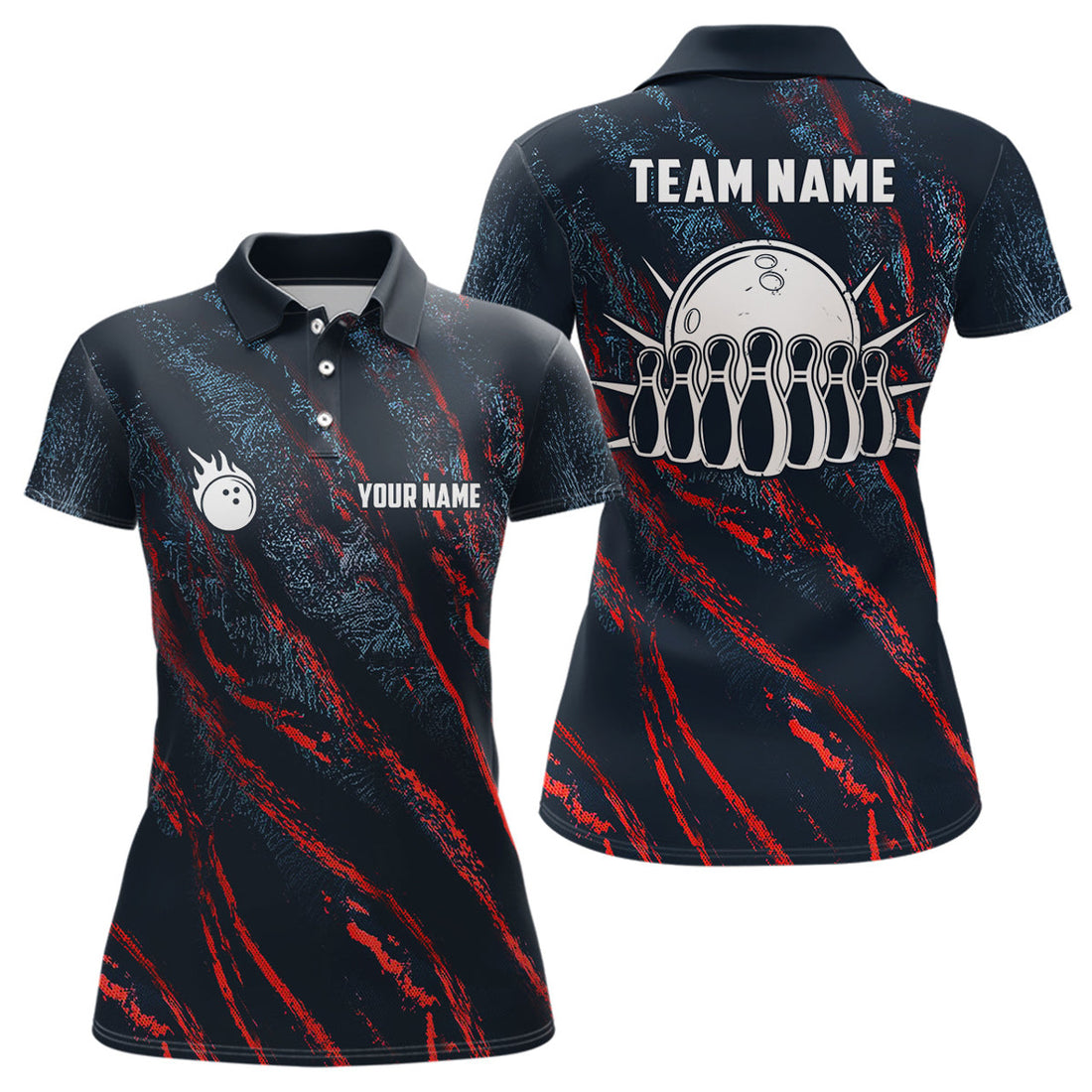 Custom Blue and red camo bowling ball and pins jerseys Custom Team League Bowling Polo Shirts For Women