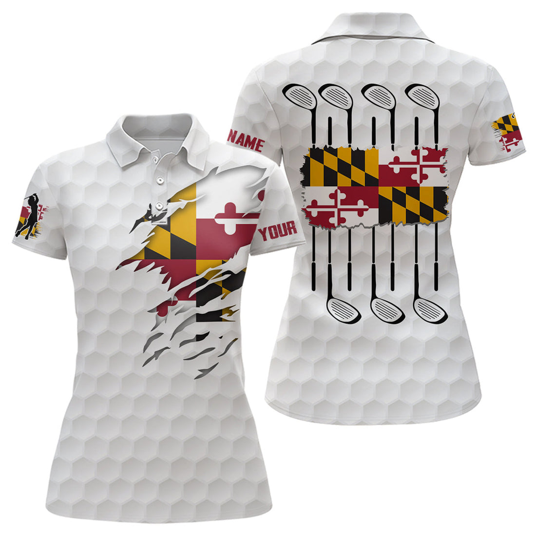 Custom Maryland Flag Golf Pattern White Polo Shirt Custom Golf Shirts For Women Patriotic Golf Gifts