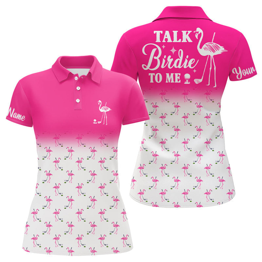 Custom Funny Womens Golf Polo Shirt Custom Pink And White Flamingo Golf Shirts Talk Birdie To Me
