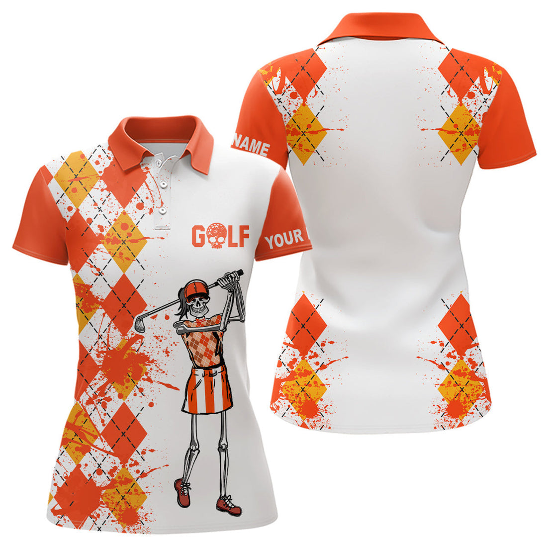 Custom Women Golf Polo Shirts Argyle Pattern Custom Skull Golf Outfit Ladies, Golf Attire For Womens