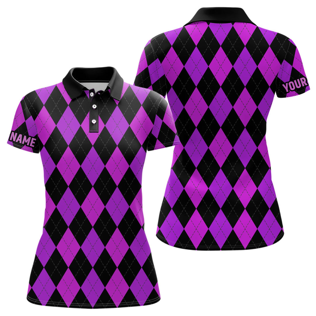 Custom Womens Golf Polo Shirts Custom Purple And Black Argyle Plaid Pattern Golf Attire For Ladies