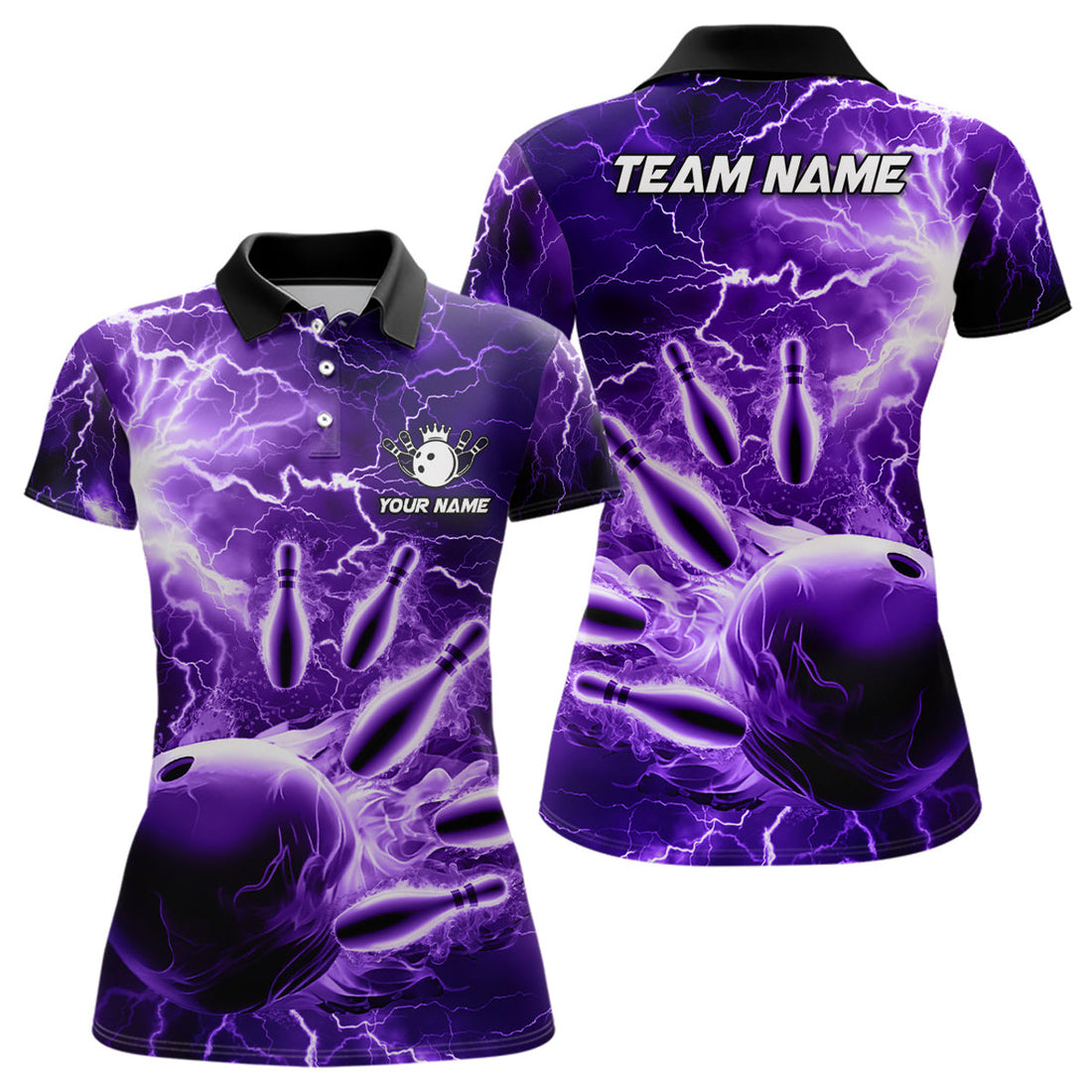 Custom Womens Polo Bowling Shirts Custom Purple Lightning Thunder Bowling Team Jersey, Gift For Team Bowlers