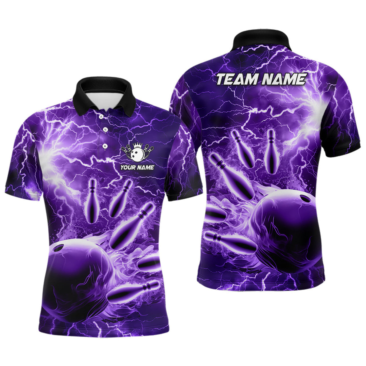 Custom Mens polo bowling shirts Custom purple lightning thunder Bowling Team Jersey, gift for team Bowlers