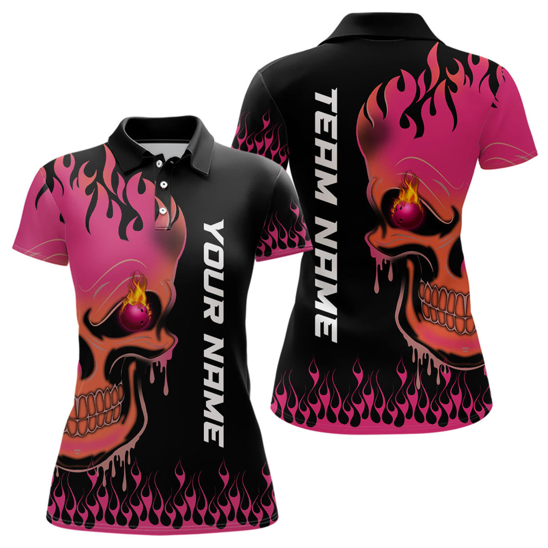 Custom Pink Flame Bowling Skull custom Womens bowling polo shirt, Team League Jerseys Gift For Bowlers