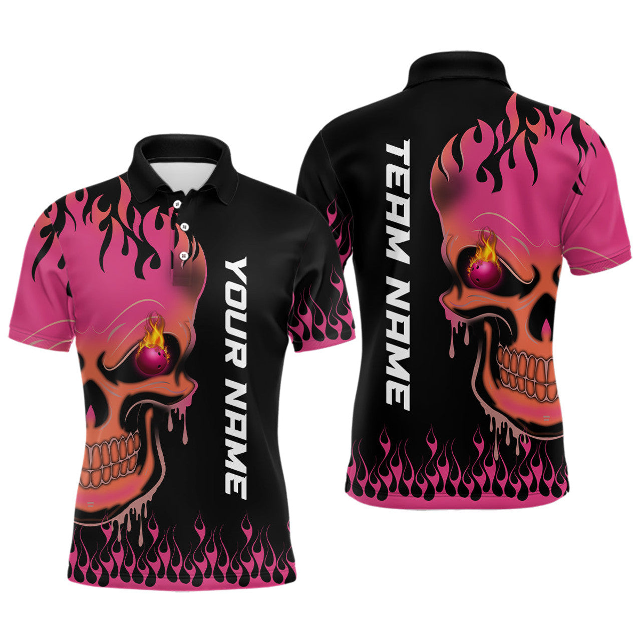 Custom Pink Flame Bowling Skull custom Men polo Bowling Shirt, Team League Jersey Gift For Bowlers