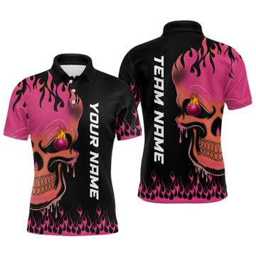 Custom Pink Flame Bowling Skull custom Men polo Bowling Shirt, Team League Jersey Gift For Bowlers