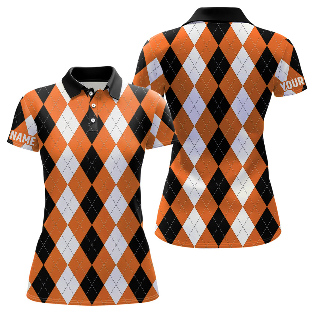 Custom Womens Golf Polo Shirt Custom Orange Argyle Plaid Pattern Golf Attire For Women