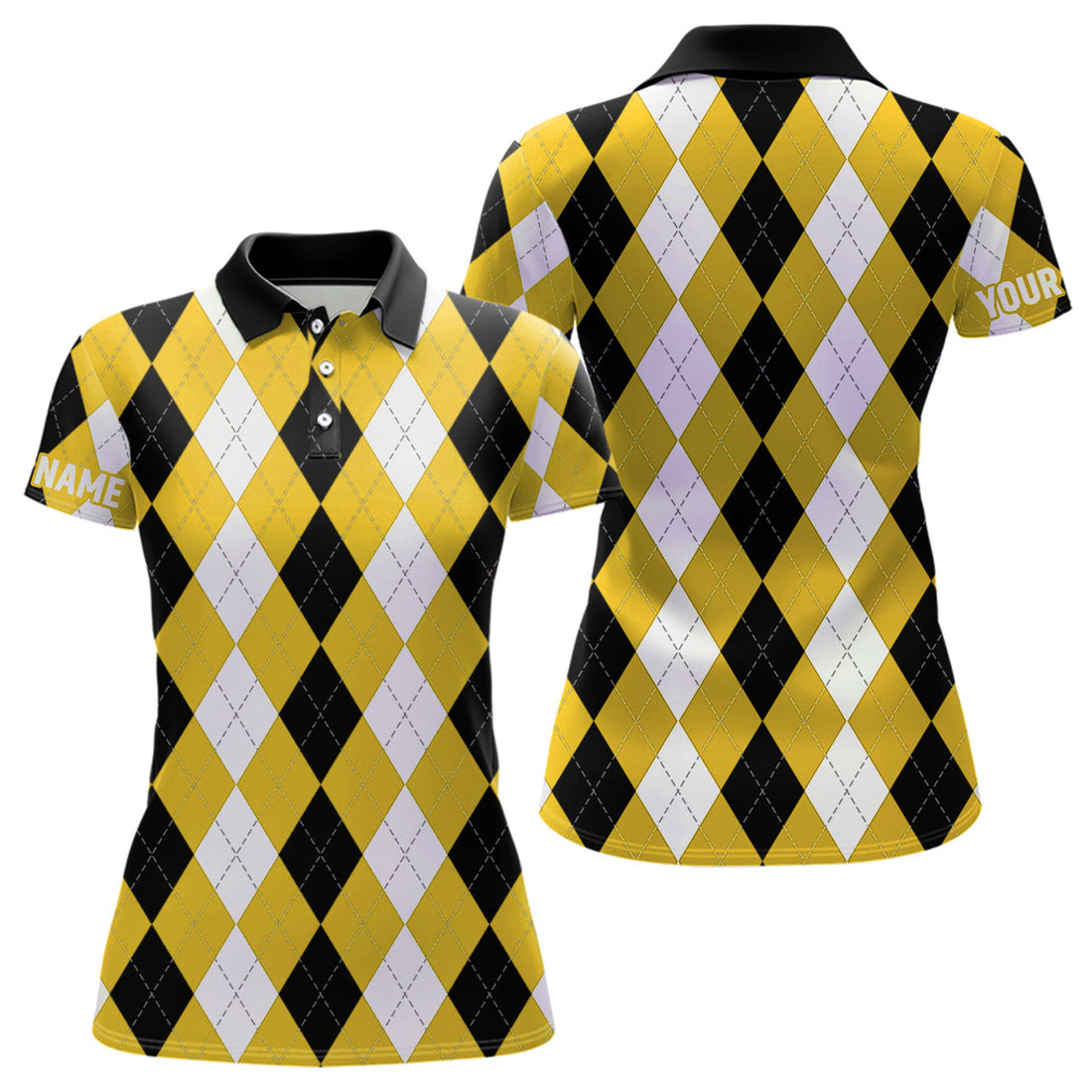 Custom Womens Golf Polo Shirt Custom Yellow Argyle Plaid Pattern Golf Attire For Women