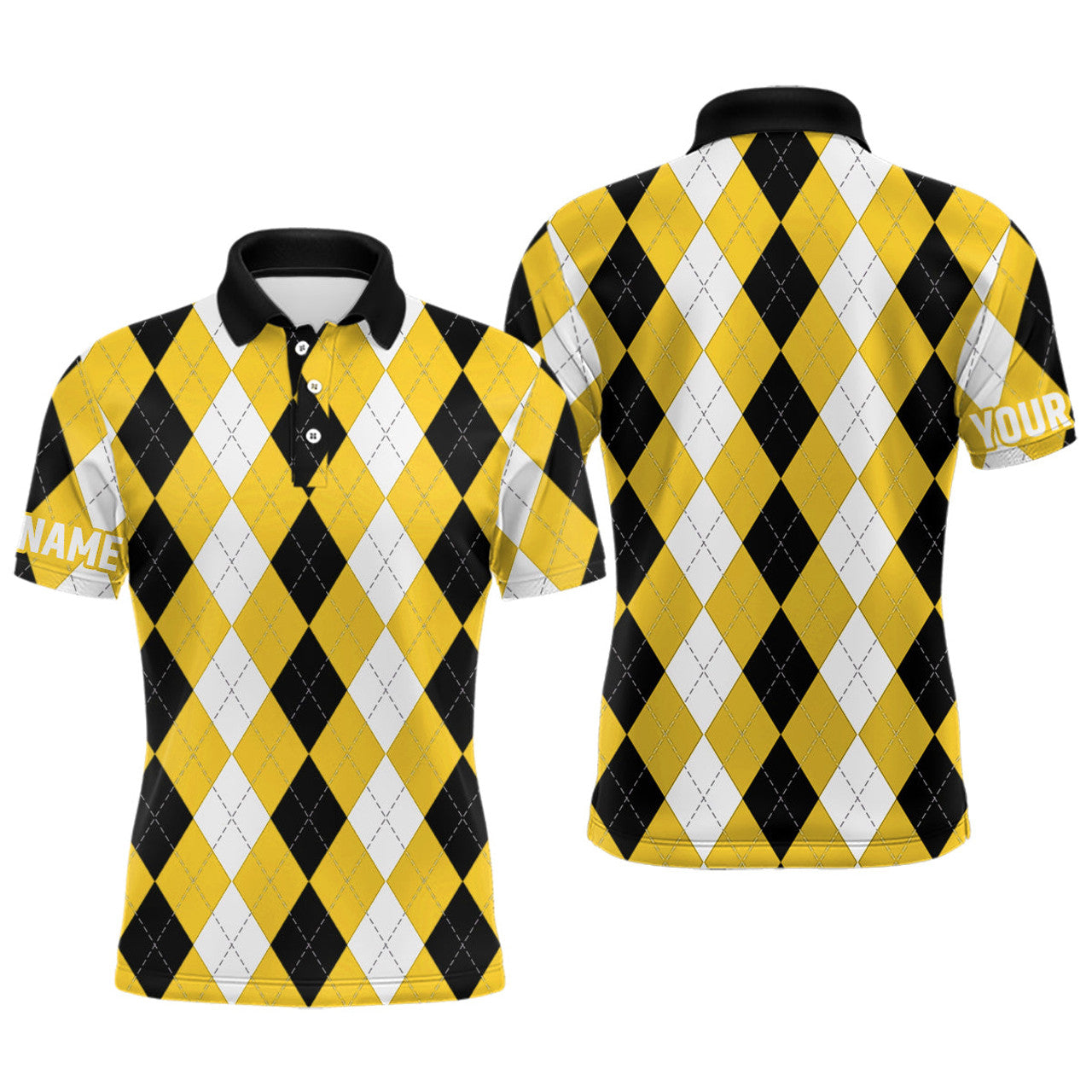 Custom Mens golf polo shirt custom yellow argyle plaid pattern golf attire for men