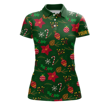 Custom Women Golf Polo Shirts Custom Green Christmas Pattern Shirt For Ladies, Personalized Golf Gifts