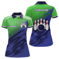 Custom Green And Blue Camo Bowling Polo, 1/4 Quarter Zip Shirts For Women, Custom Name Bowling Team Jerseys