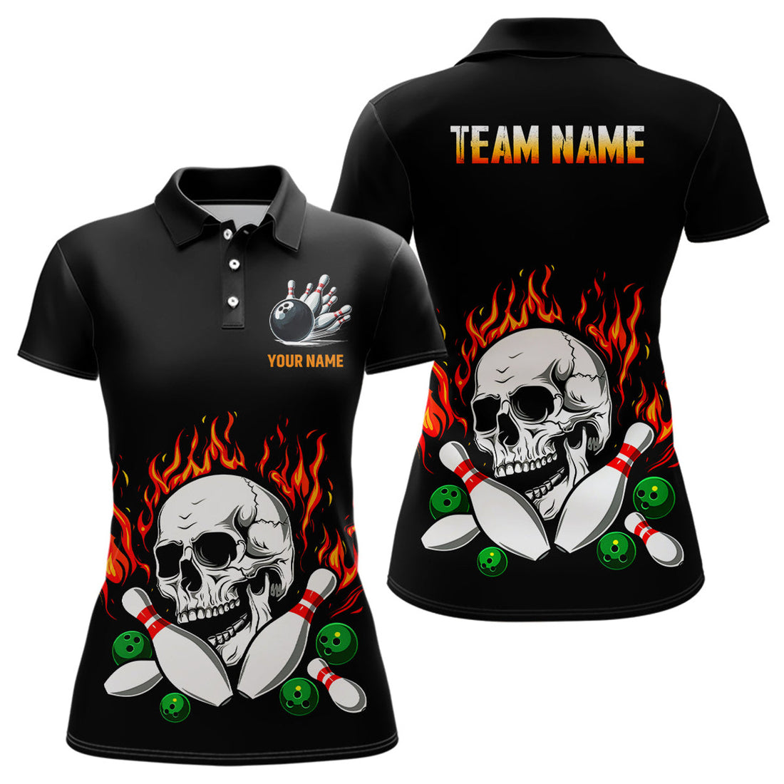 Custom Flame Bowling Skull Women Bowling Polo Custom Team Bowling Jerseys, Bowling Gifts