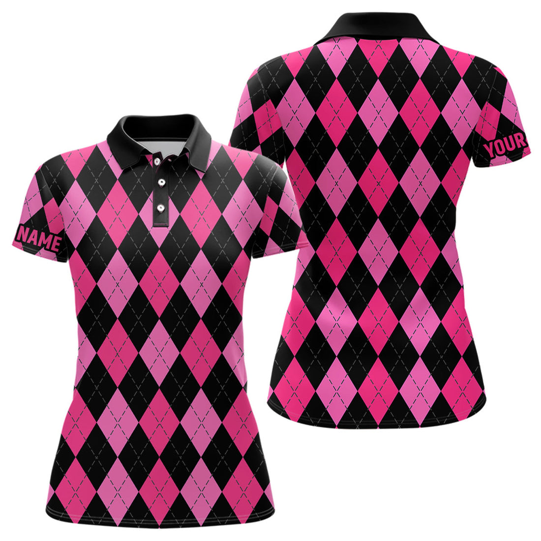 Custom Womens Golf Polo Shirts Custom Pink And Black Argyle Plaid Pattern Golf Attire For Ladies