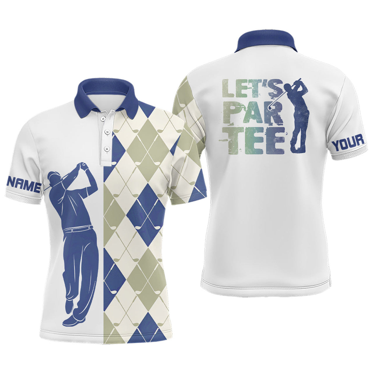 Custom Blue and white golf shirt argyle pattern golf clubs custom name Mens golf polo shirt Let's par tee